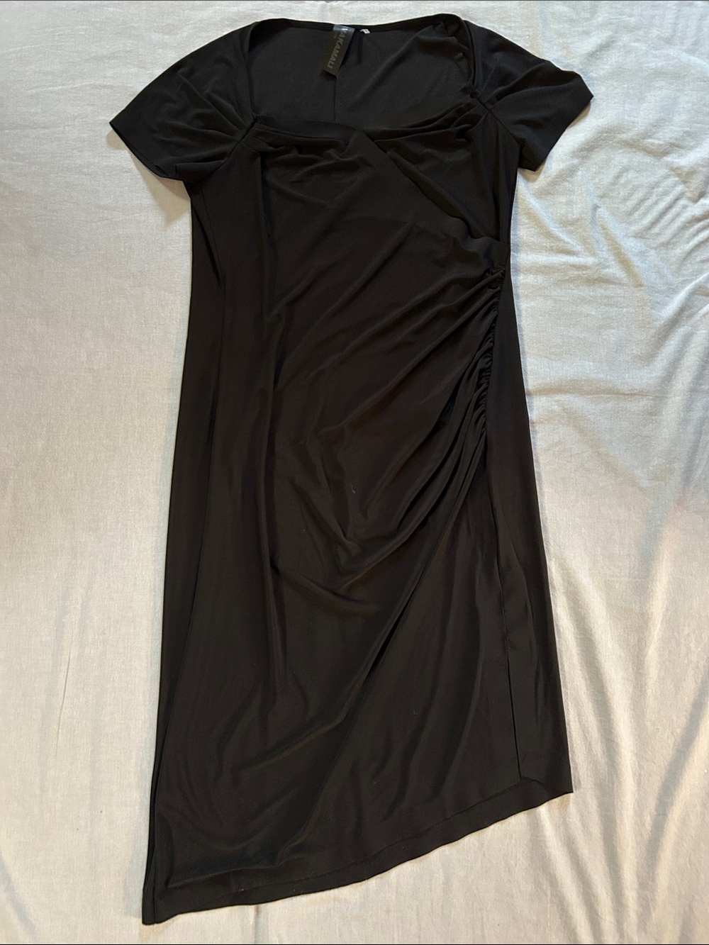 Norma Kamali Black Jersey Short-Sleeve Ruched Midi Dress Asymmetrical Hemline
